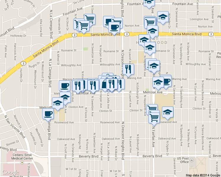 map of restaurants, bars, coffee shops, grocery stores, and more near 714 North La Jolla Avenue in Los Angeles