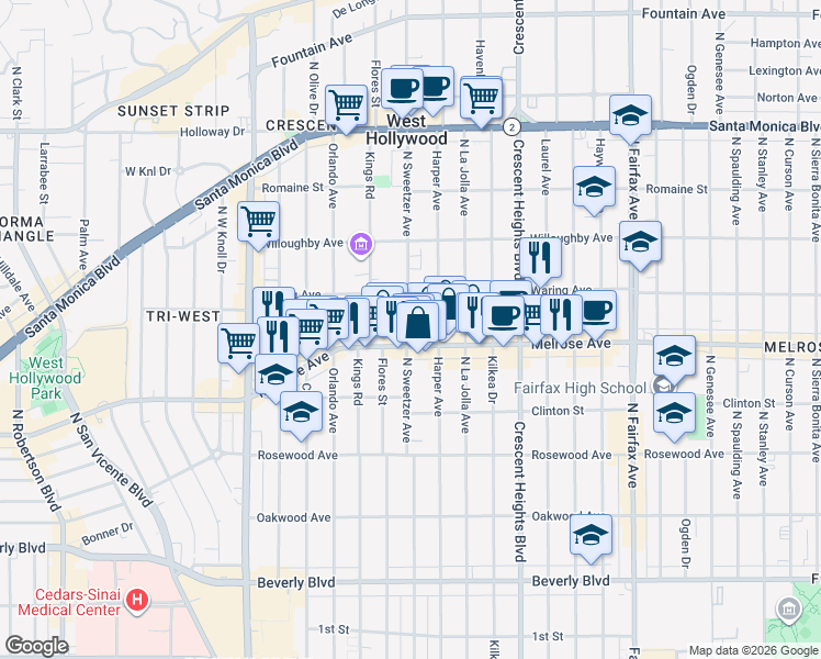 map of restaurants, bars, coffee shops, grocery stores, and more near 725 North Harper Avenue in Los Angeles