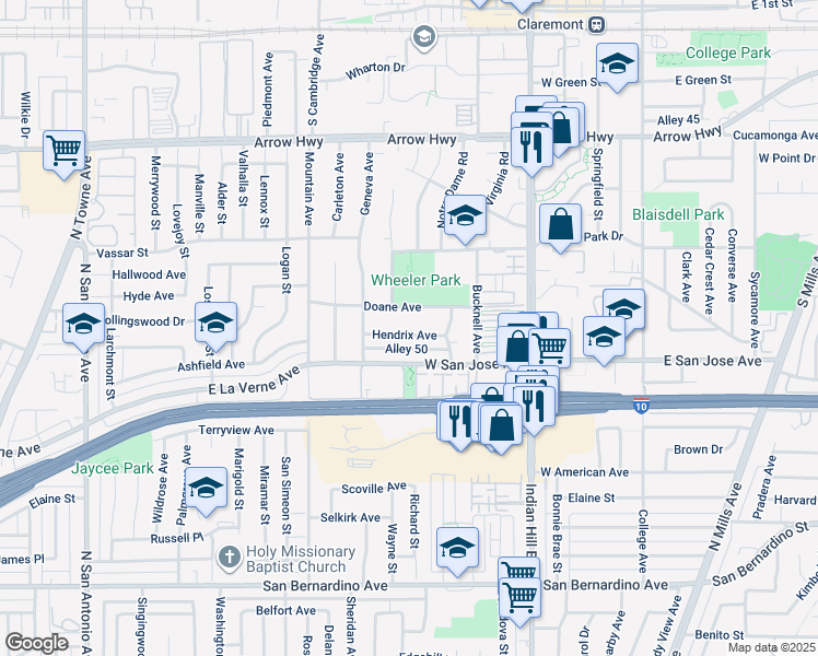 map of restaurants, bars, coffee shops, grocery stores, and more near 625 Hendrix Avenue in Claremont
