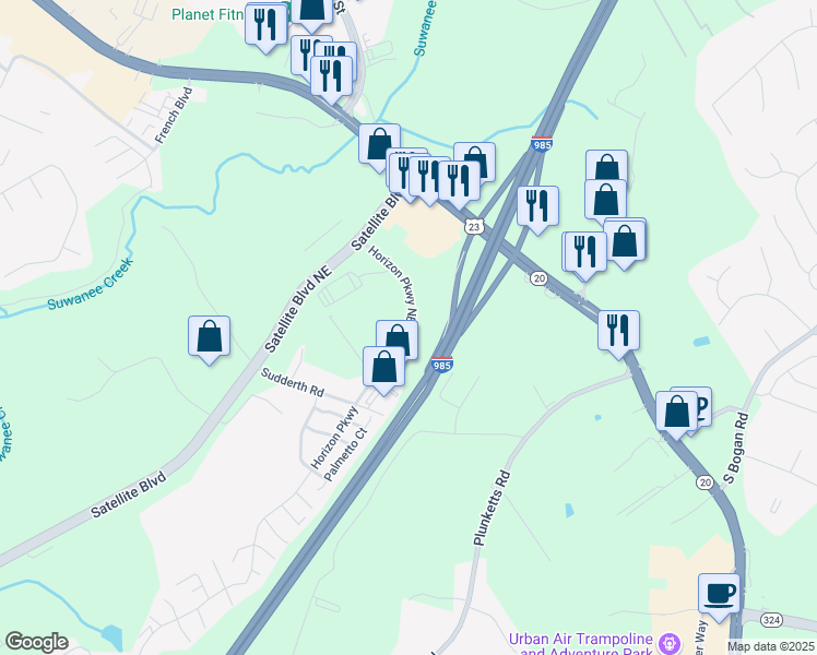 map of restaurants, bars, coffee shops, grocery stores, and more near Horizon Parkway Northeast in Buford