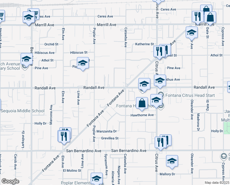 map of restaurants, bars, coffee shops, grocery stores, and more near 15867 Randall Avenue in Fontana