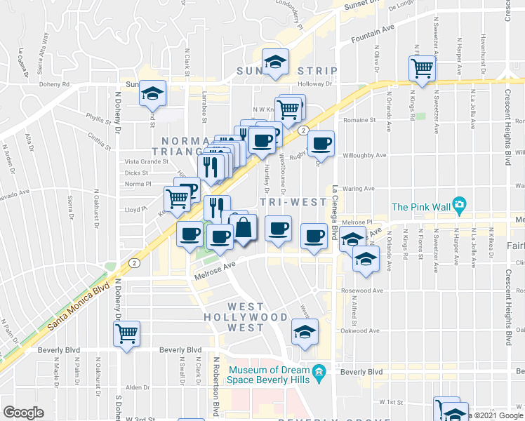 map of restaurants, bars, coffee shops, grocery stores, and more near 717 Huntley Drive in West Hollywood