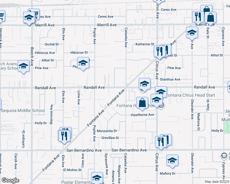 map of restaurants, bars, coffee shops, grocery stores, and more near 15867 Randall Avenue in Fontana