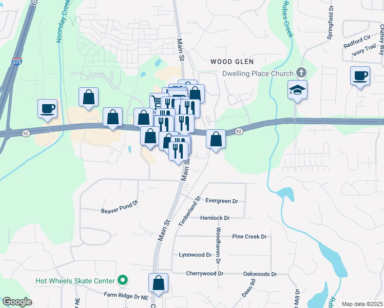 map of restaurants, bars, coffee shops, grocery stores, and more near 9745 Main Street in Woodstock