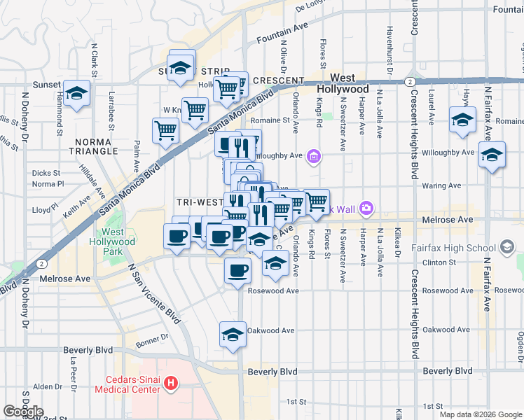 map of restaurants, bars, coffee shops, grocery stores, and more near 725 North Alfred Street in Los Angeles
