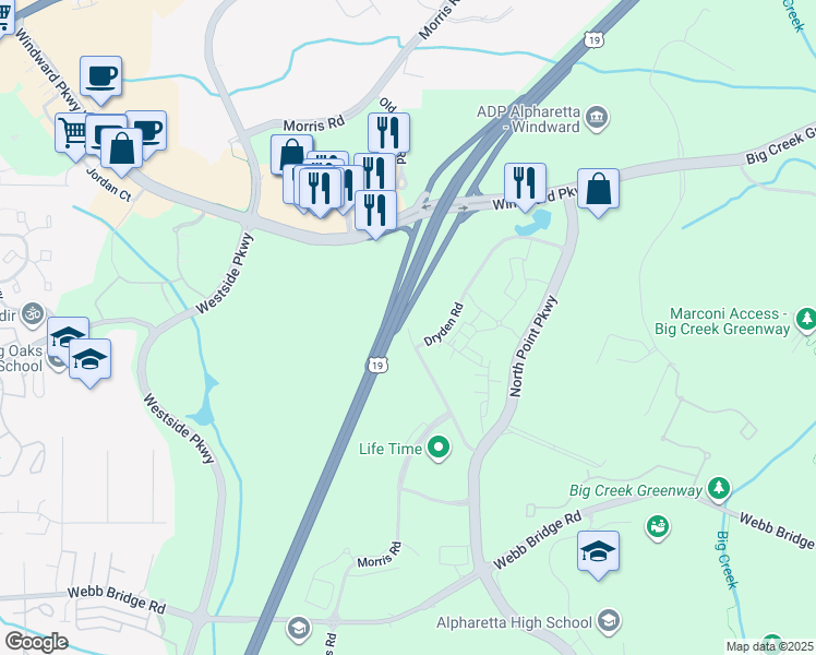 map of restaurants, bars, coffee shops, grocery stores, and more near Morris Road in Alpharetta