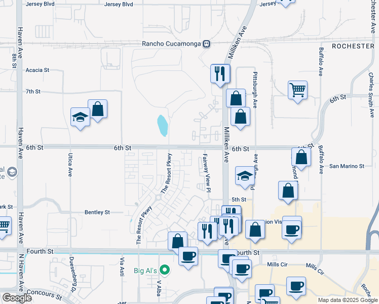 map of restaurants, bars, coffee shops, grocery stores, and more near 11070 Cabana Drive in Rancho Cucamonga