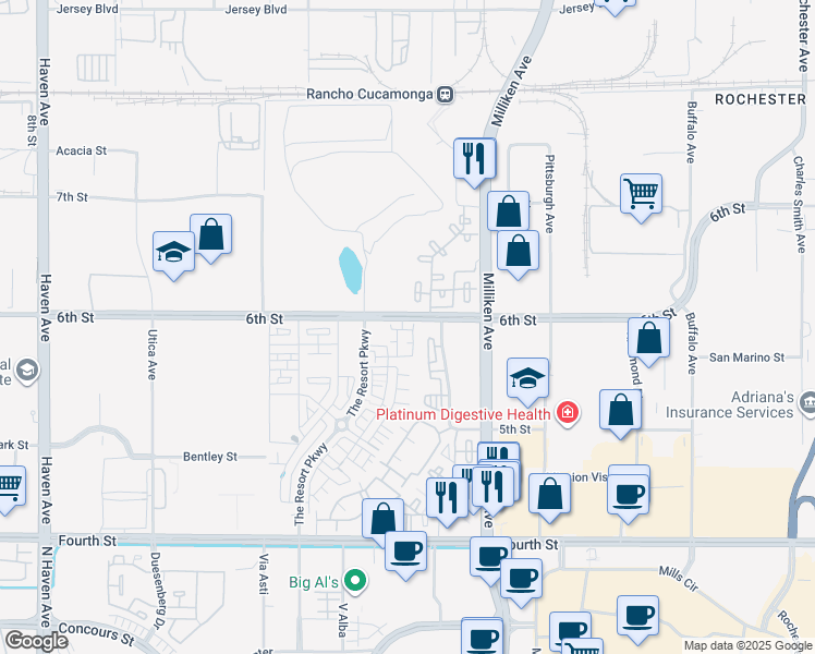 map of restaurants, bars, coffee shops, grocery stores, and more near 11070 Cabana Drive in Rancho Cucamonga