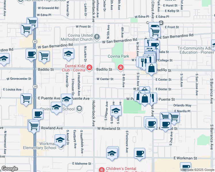map of restaurants, bars, coffee shops, grocery stores, and more near 405 West Dexter Street in Covina