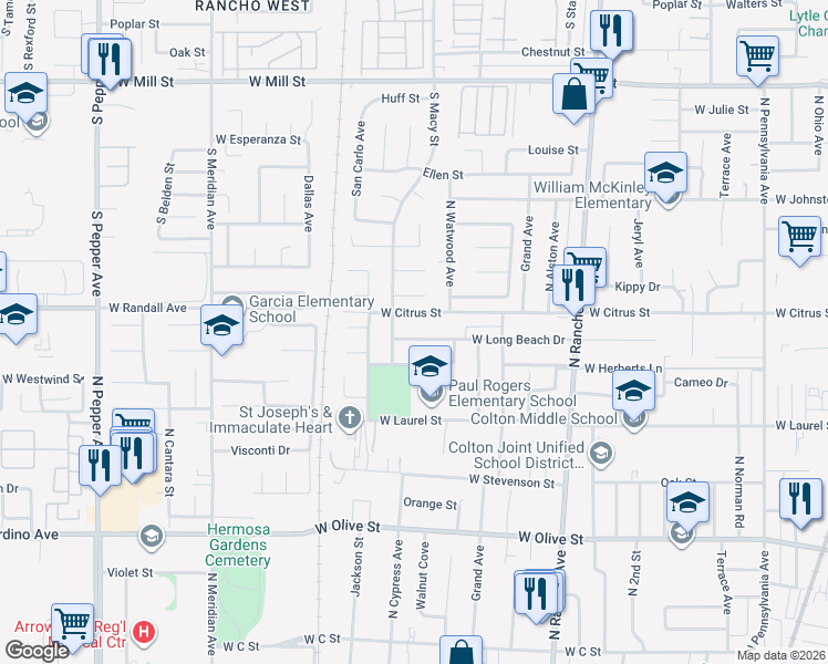 map of restaurants, bars, coffee shops, grocery stores, and more near 1063 West Long Beach Drive in Colton
