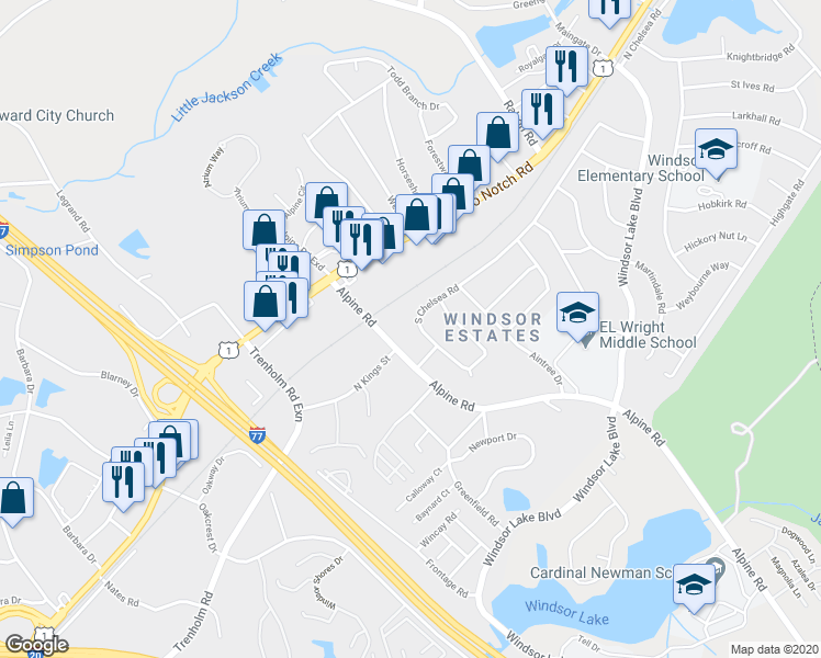 map of restaurants, bars, coffee shops, grocery stores, and more near 9409 South Chelsea Road in Columbia