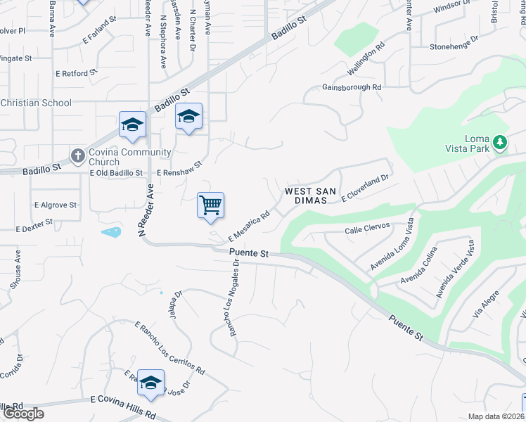 map of restaurants, bars, coffee shops, grocery stores, and more near 20827 East Mesarica Road in Covina