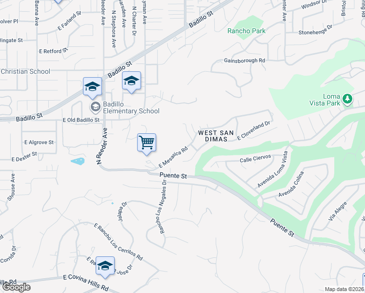 map of restaurants, bars, coffee shops, grocery stores, and more near 20851 East Mesarica Road in Covina