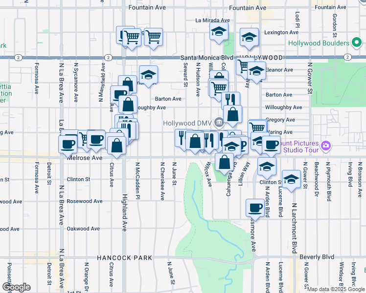 map of restaurants, bars, coffee shops, grocery stores, and more near 733 Seward Street in Los Angeles