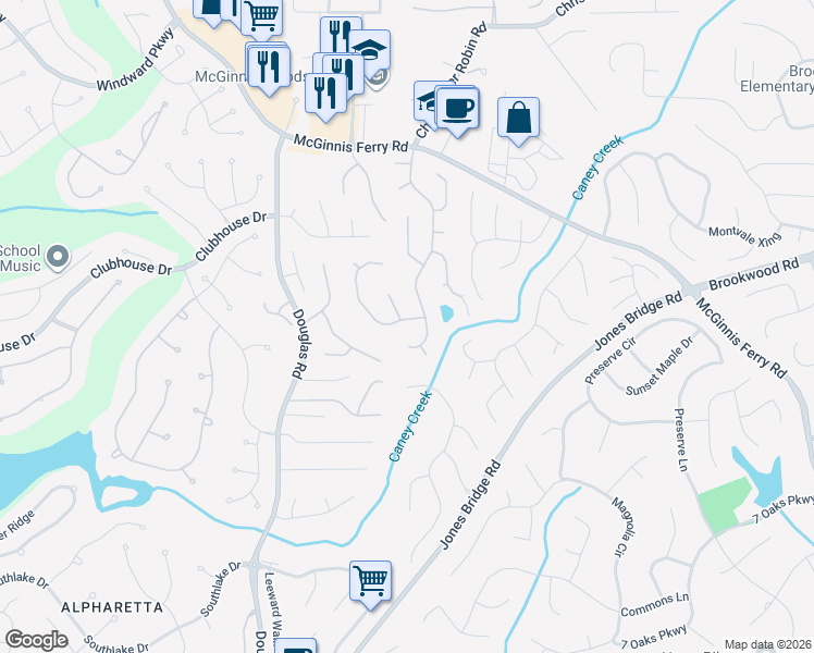 map of restaurants, bars, coffee shops, grocery stores, and more near 5485 Bentley Hall Drive in Alpharetta