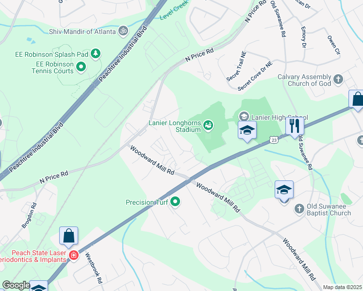 map of restaurants, bars, coffee shops, grocery stores, and more near 4349 Northmark Lane in Buford