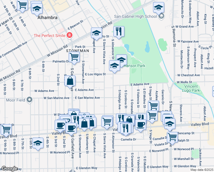 map of restaurants, bars, coffee shops, grocery stores, and more near in Alhambra