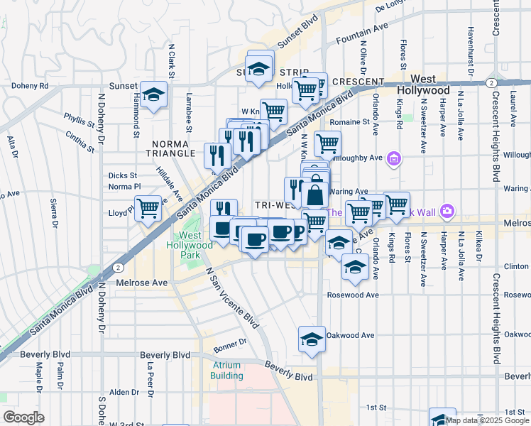 map of restaurants, bars, coffee shops, grocery stores, and more near 735½ Westbourne Drive in West Hollywood