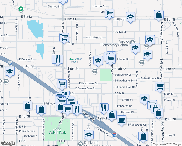 map of restaurants, bars, coffee shops, grocery stores, and more near 1480 East 6th Street in Ontario