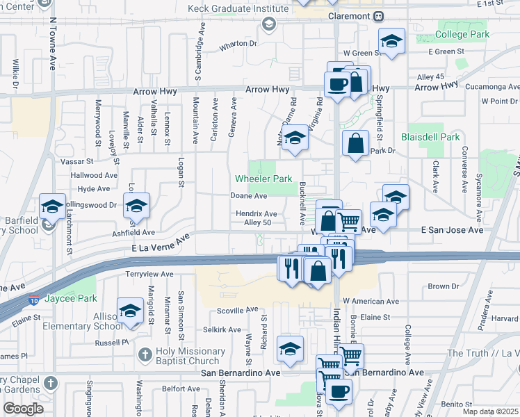 map of restaurants, bars, coffee shops, grocery stores, and more near 625 Hendrix Avenue in Claremont