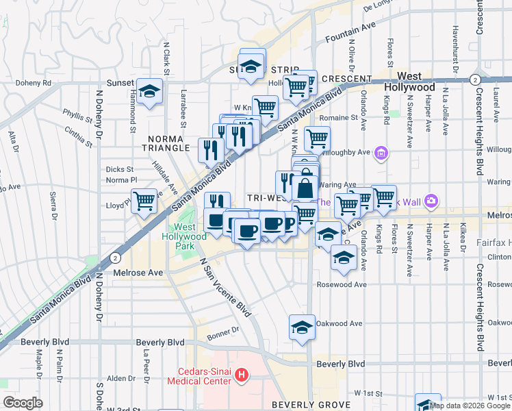 map of restaurants, bars, coffee shops, grocery stores, and more near 735½ Westbourne Drive in West Hollywood