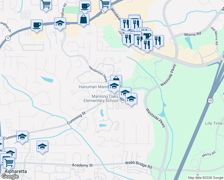 map of restaurants, bars, coffee shops, grocery stores, and more near 1716 Cotton Patch Lane in Alpharetta