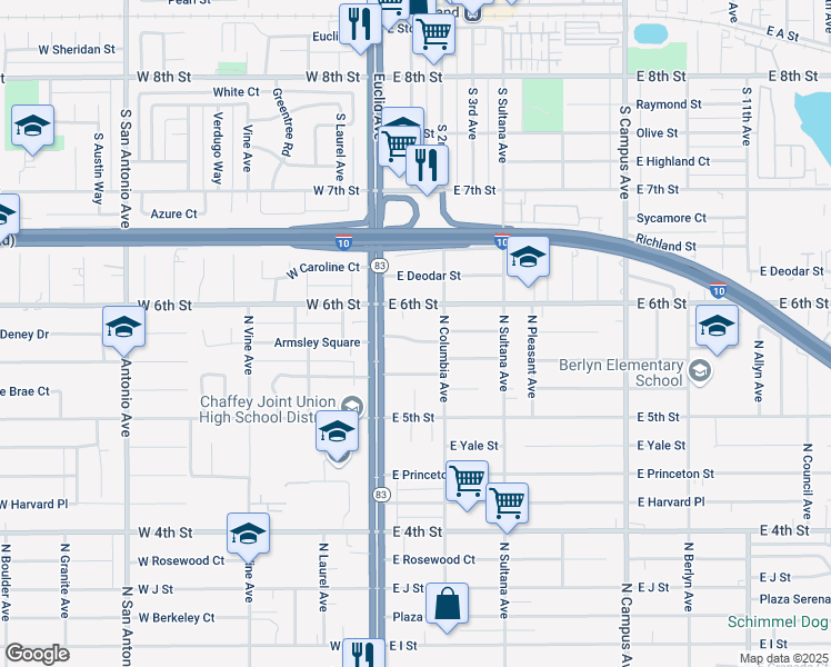 map of restaurants, bars, coffee shops, grocery stores, and more near 135 East La Deney Drive in Ontario
