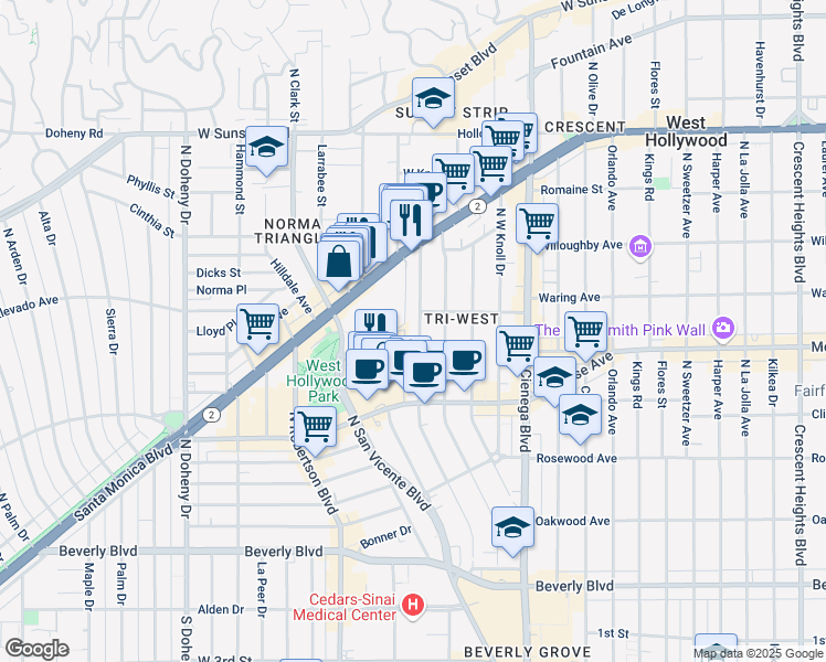 map of restaurants, bars, coffee shops, grocery stores, and more near 717 Huntley Drive in West Hollywood