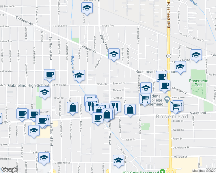 map of restaurants, bars, coffee shops, grocery stores, and more near 4315 Walnut Grove Avenue in Rosemead