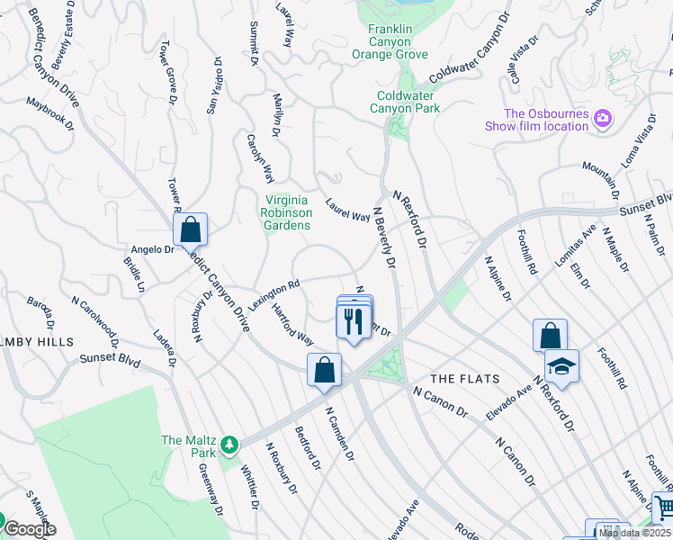 map of restaurants, bars, coffee shops, grocery stores, and more near 1001 North Crescent Drive in Beverly Hills