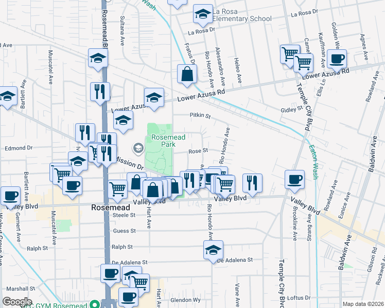 map of restaurants, bars, coffee shops, grocery stores, and more near 9231 Rose Street in Rosemead