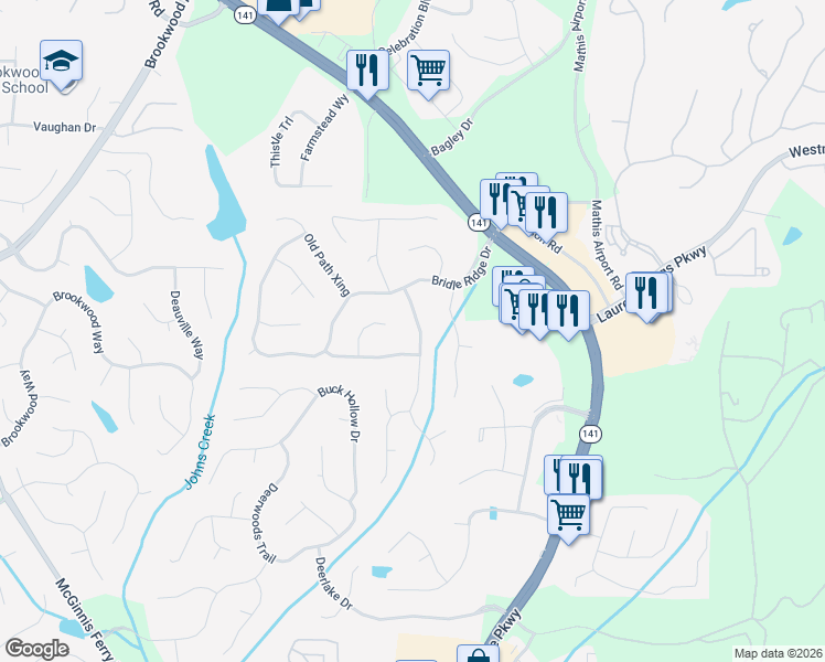 map of restaurants, bars, coffee shops, grocery stores, and more near 3560 Bridle Creek Drive in Suwanee