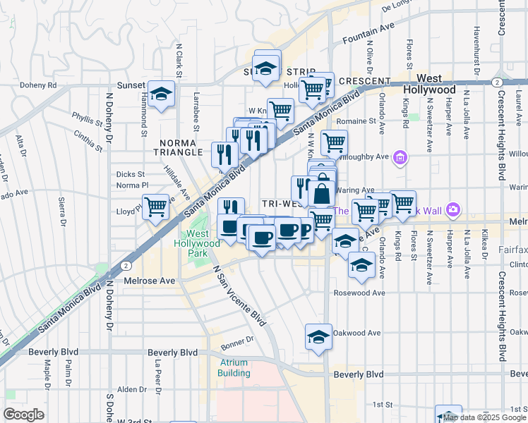 map of restaurants, bars, coffee shops, grocery stores, and more near 720 Huntley Drive in West Hollywood