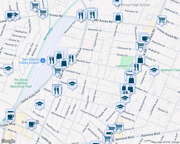 map of restaurants, bars, coffee shops, grocery stores, and more near in El Monte