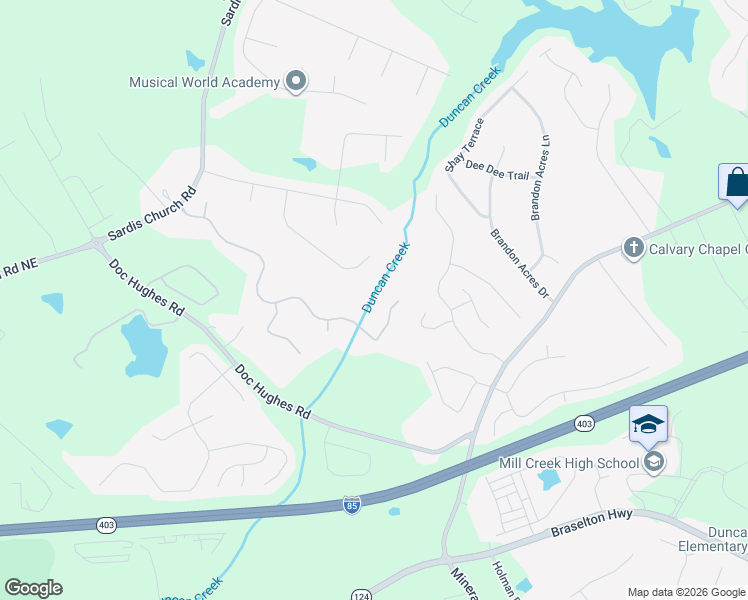 map of restaurants, bars, coffee shops, grocery stores, and more near 2335 Hamilton Parc Lane Northeast in Buford