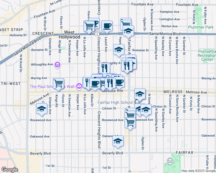 map of restaurants, bars, coffee shops, grocery stores, and more near 714 North Laurel Avenue in Los Angeles