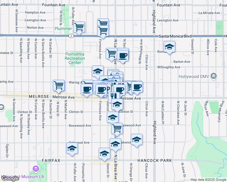 map of restaurants, bars, coffee shops, grocery stores, and more near 730 North La Brea Avenue in Los Angeles