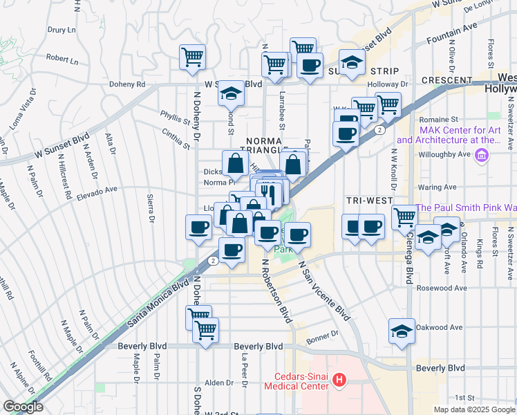 map of restaurants, bars, coffee shops, grocery stores, and more near 8951 California 2 in West Hollywood