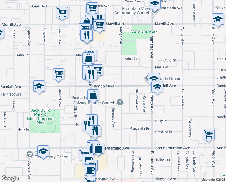 map of restaurants, bars, coffee shops, grocery stores, and more near 9338 Emerald Avenue in Fontana