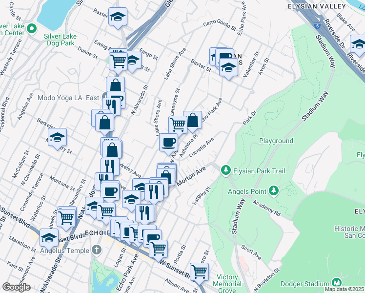 map of restaurants, bars, coffee shops, grocery stores, and more near 1804 Echo Park Avenue in Los Angeles