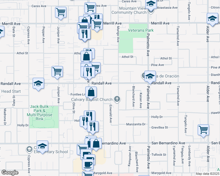 map of restaurants, bars, coffee shops, grocery stores, and more near 17075 Randall Avenue in Fontana