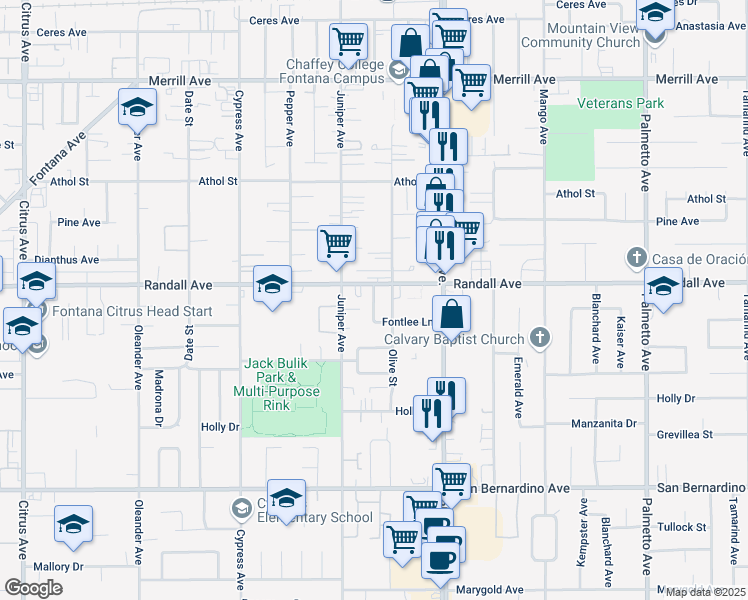 map of restaurants, bars, coffee shops, grocery stores, and more near 9328 Olive Street in Fontana