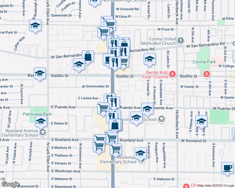 map of restaurants, bars, coffee shops, grocery stores, and more near 744 State Route 39 in West Covina