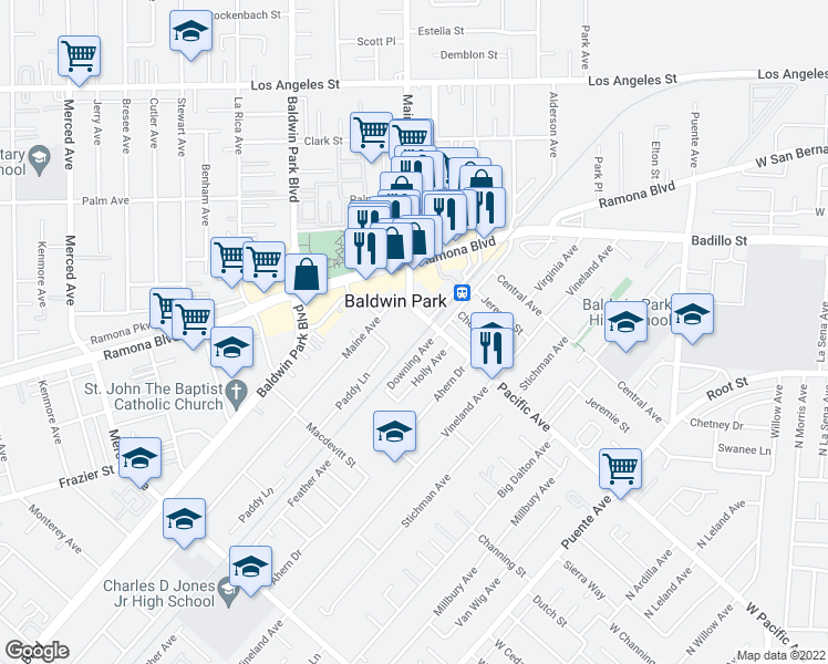 map of restaurants, bars, coffee shops, grocery stores, and more near 14442 Pacific Avenue in Baldwin Park