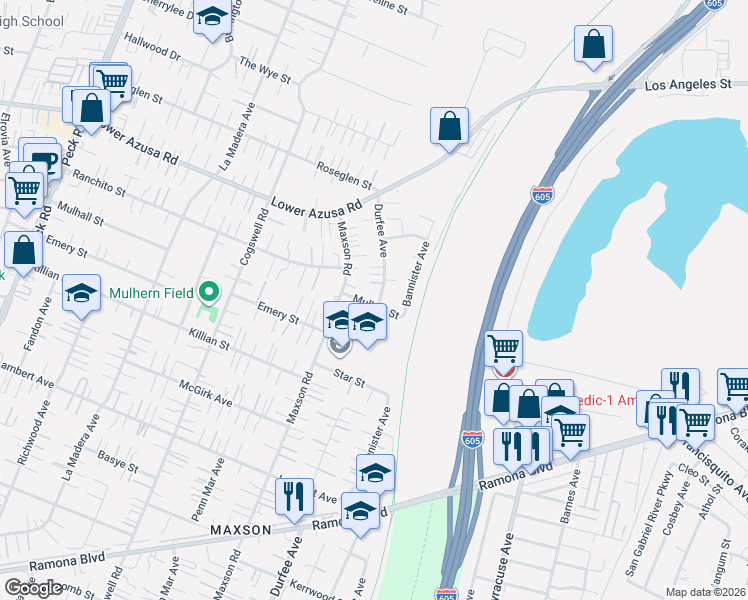 map of restaurants, bars, coffee shops, grocery stores, and more near 4711 Durfee Avenue in El Monte