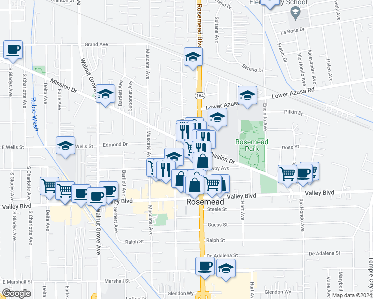 map of restaurants, bars, coffee shops, grocery stores, and more near 8932 Mission Drive in Rosemead