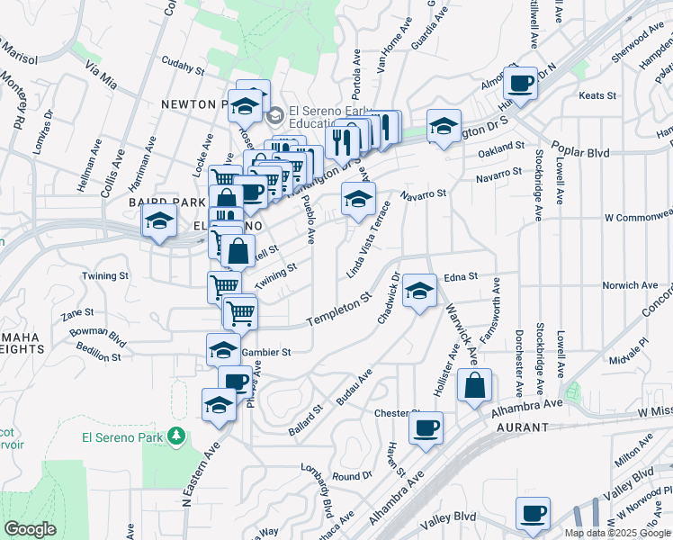 map of restaurants, bars, coffee shops, grocery stores, and more near 3322 Portola Avenue in Los Angeles