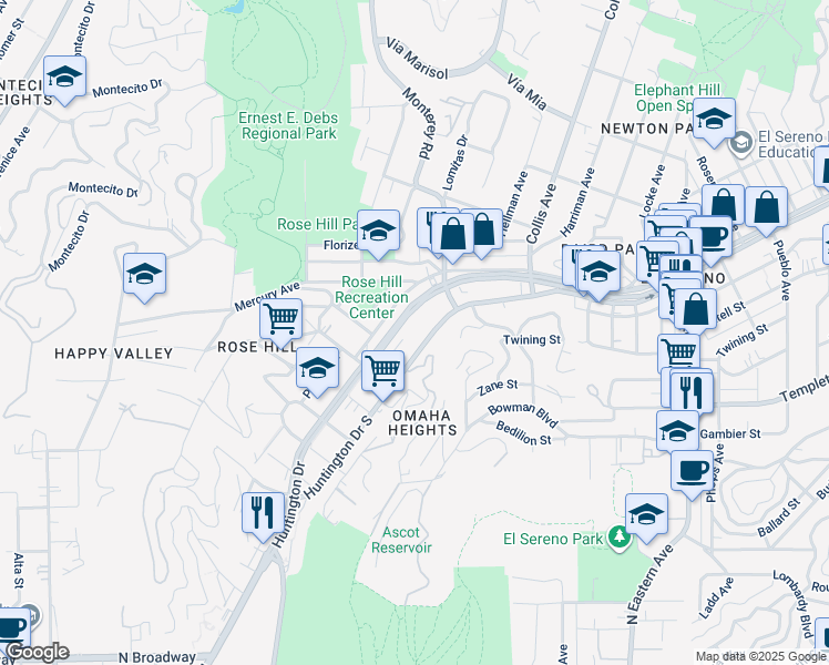 map of restaurants, bars, coffee shops, grocery stores, and more near 4537 Huntington Drive South in Los Angeles