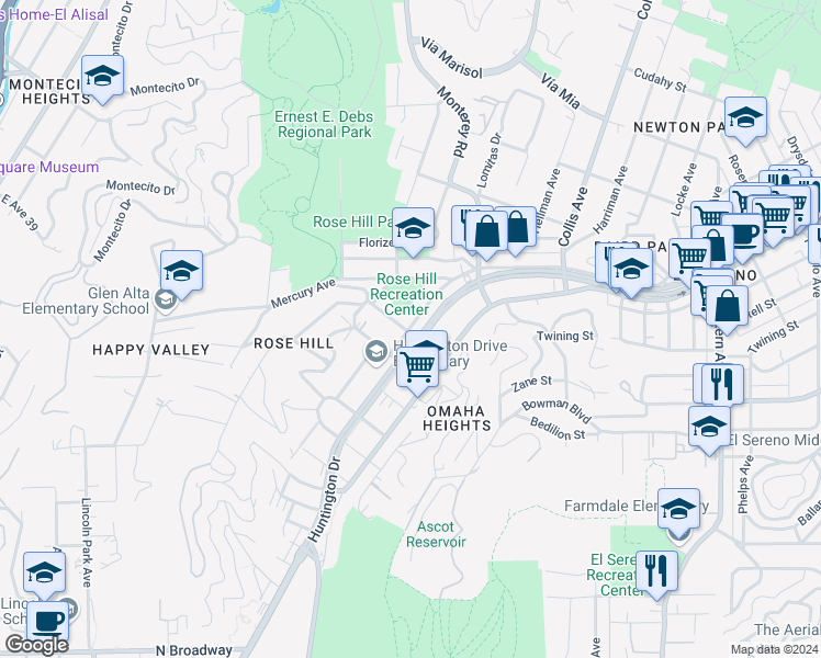 map of restaurants, bars, coffee shops, grocery stores, and more near 4536 Huntington Drive North in Los Angeles