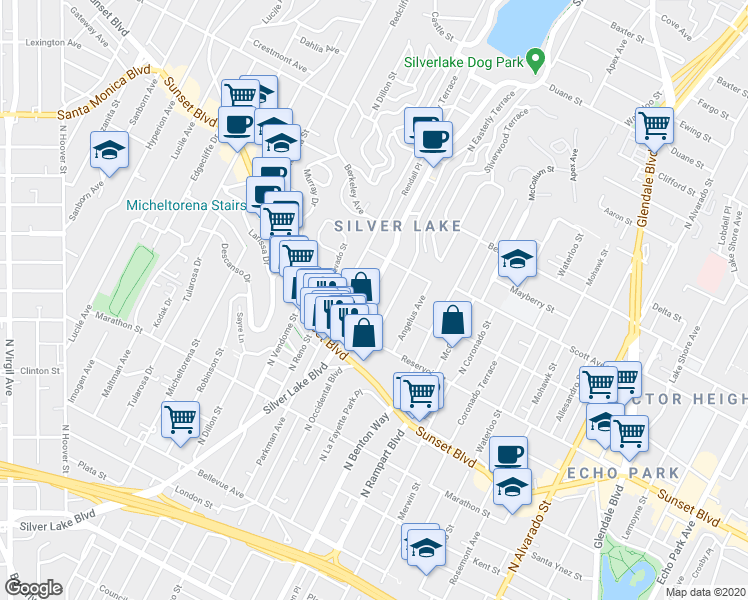 map of restaurants, bars, coffee shops, grocery stores, and more near 1417 North Occidental Boulevard in Los Angeles